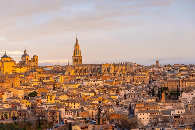 Toledo medieval city of Castilla La Mancha from the mountain, Spain. View from the Ermita del Valle. Alzacar and Santa Iglesia Primada.