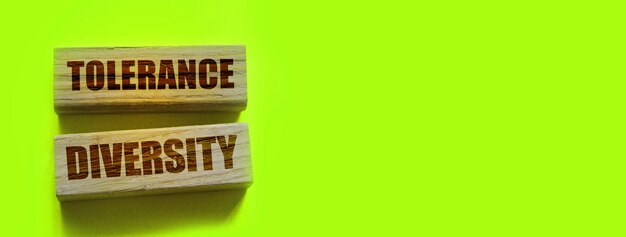 Tolerance diversity words on wooden blocks on yellow Equality concept by gender ethnicity and age