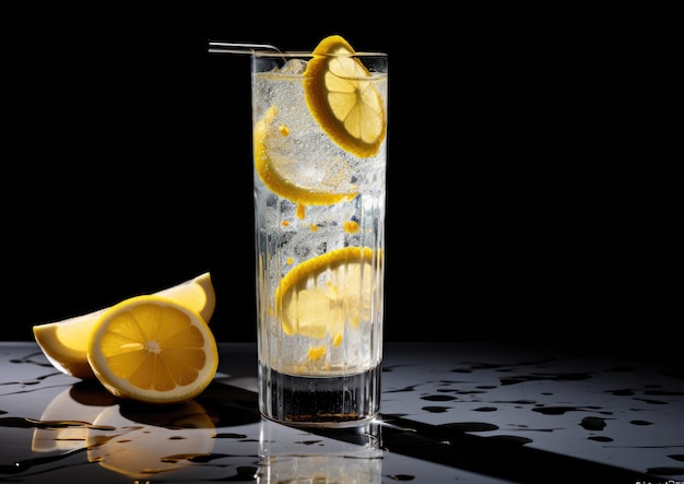 A Tom Collins cocktail served in a tall crystalclear glass with a lemon wheel garnish