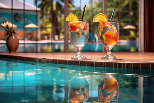 Foto tom collins cocktail con sfondo di riflessione della piscina creato con ai generativa