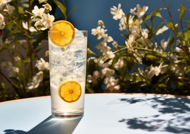 A Tom Collins photographed outdoors on a sunny day capturing its summery vibe