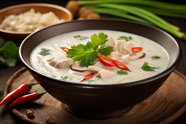 Tom Kha Gai soup in a black bowl nestled on a wooden tray with ingredients strewn on a wooden table