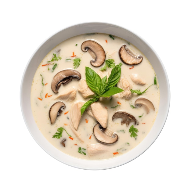 Photo tom kha gai thai coconut chicken soup on white plate on a white background