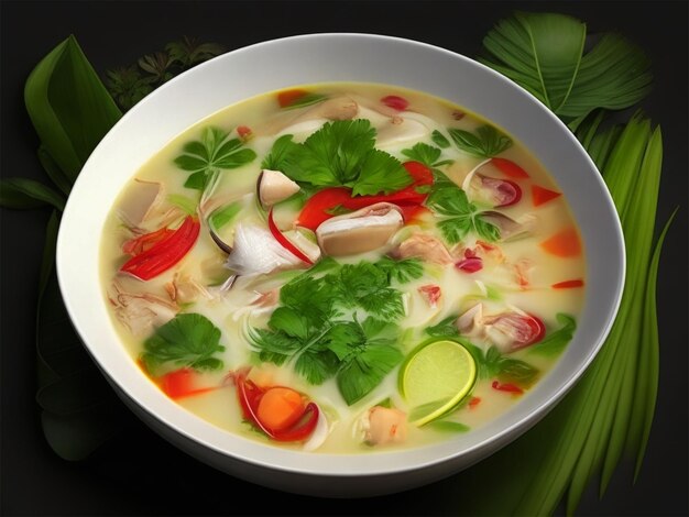 Tom kha kai in a bowl with kaffir lime leaves