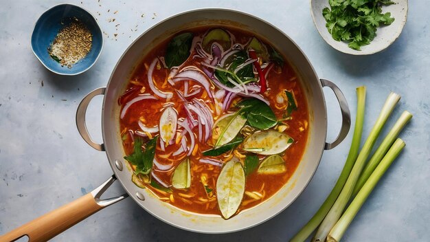 Tom kha kai in a pan frying with kaffir lime leaves lemongrass red onion galangal and chilli