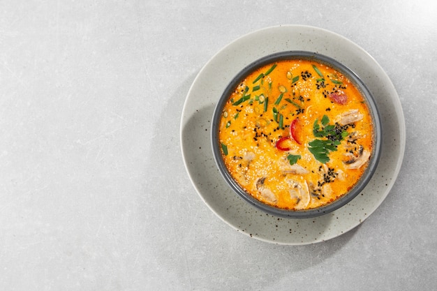 Tom Yam kung Spicy Thai soup with shrimp, seafood, coconut milk and chili pepper in bowl.