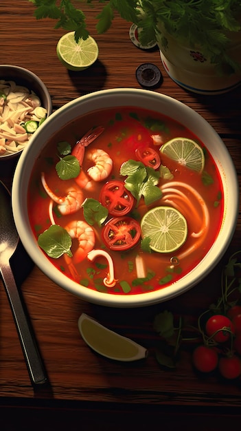 Tom Yam kung 새우 해산물 코코넛 밀크를 넣은 매콤한 태국 수프