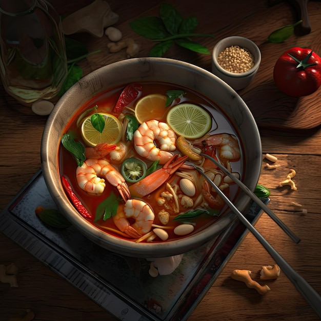 Tom Yam kung 새우 해산물 코코넛 밀크를 넣은 매콤한 태국 수프