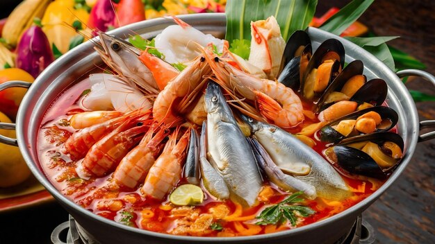 Tom yum gemengd zeevruchten in dikke soep hot pot pittig Thais eten