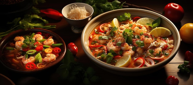 写真 トム ヤム クンai で生成された、香り豊かなハーブとスパイスがたっぷり入った、スパイシーで酸味のあるエビのスープの魅惑的な味わいをお楽しみください。