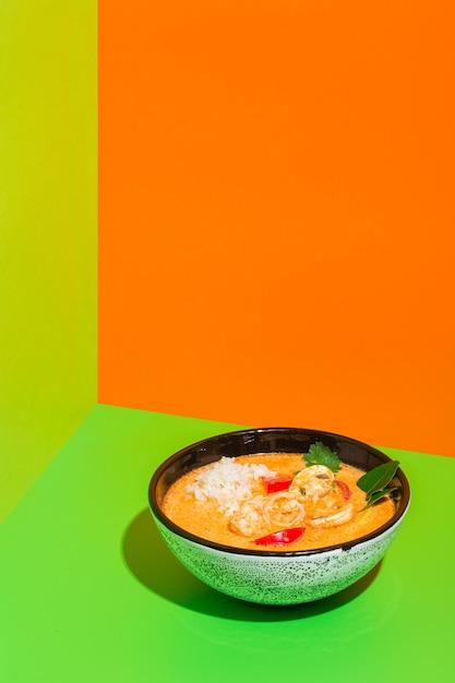 새우 팽이 버섯과 신선한 칠리를 곁들인 Tom yum goong nam kon 타이 수프 고품질 사진