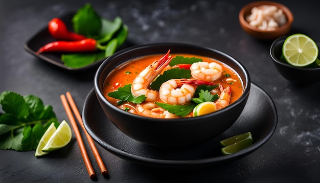 tom yum kung Kruidige Thaise soep met garnalen in een zwarte schaal op een donkere stenen achtergrond