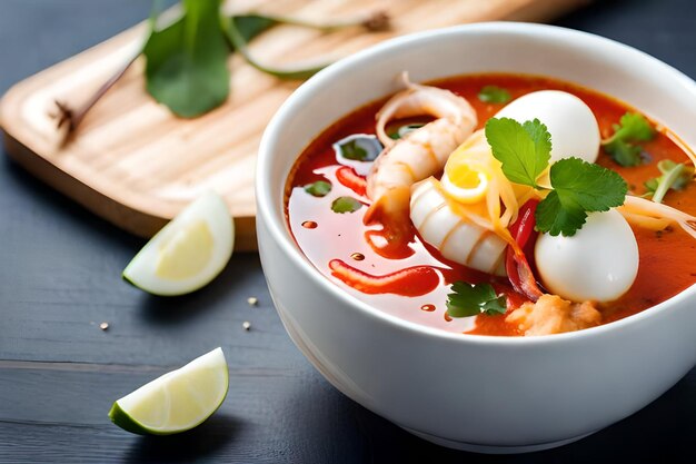 写真 tom yum mama with squid and boiled eggrealistic (トム・ヤム・ママとイカと沸騰したエグレアリスティック)