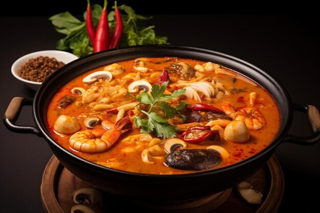 Tom yum mixed seafood in thick soup hot pot spicy thai food