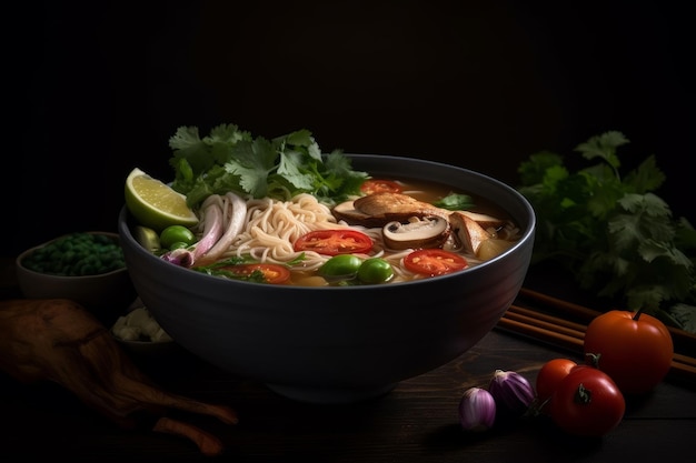 Tom yum noedelschaal met kip en groenten