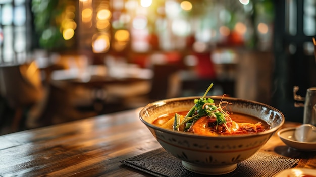 Tom Yum Seafood Hot Pot against a contemporary Thai restaurant interior