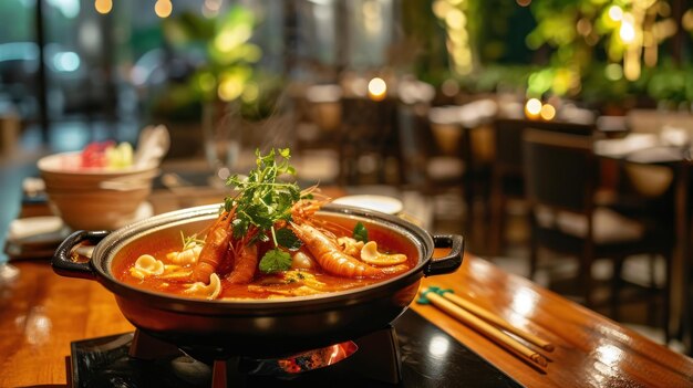 Tom Yum Seafood Hot Pot tegenover een hedendaags Thais restaurantinterieur