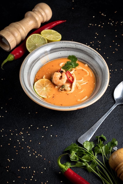 Zuppa di tom yum su sfondo nero decorato