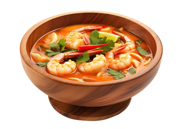 Tom yum soup in wooden bowl isolated on white background