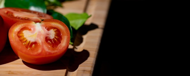 Tomaat en gesneden helft tomaat ernaast op houten plaat in studiolicht met donker thema