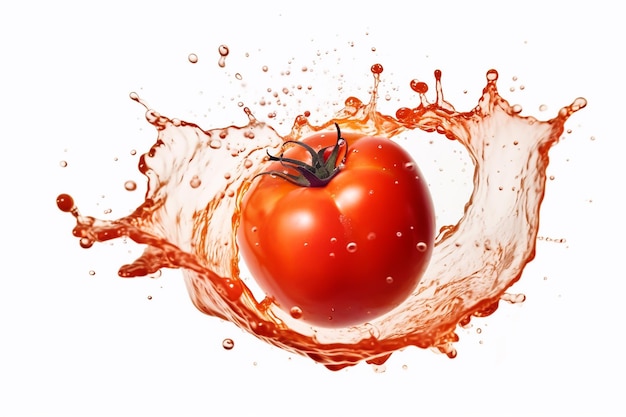 Tomaat plus rode vloeibare waterverfplons op geïsoleerd wit
