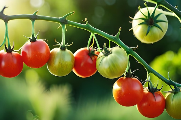 Tomaten aan een wijnstok in de tuin