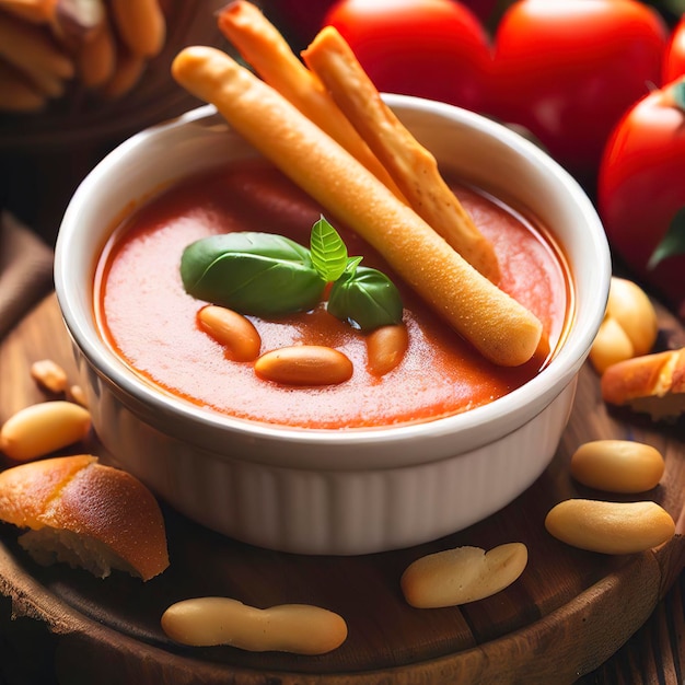 Tomaten bio soeppuree met italiaanse soepstengels crissini's en pijnboompitten