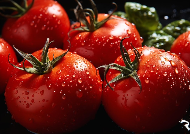 tomaten diepe druppels zwart oppervlak bedauwde huid weelderige pasteitje sesamzaadjes die rode trossen verspreiden