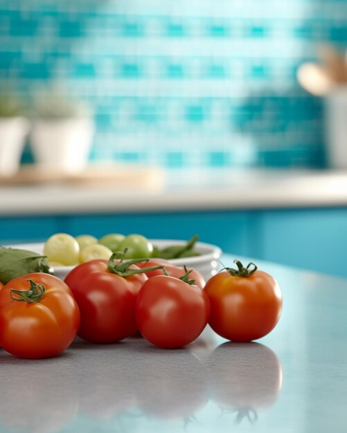 Foto tomaten en andere groenten staan op een toonbank in een keuken