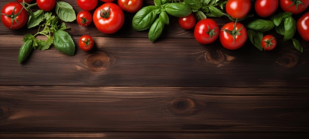 tomaten en basilicum op de achtergrond van een houten plank