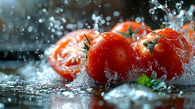 Foto tomaten in de lucht met waterspruitjes