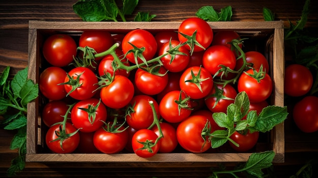 Tomaten in een houten kist op een tafel met groene bladeren generatieve ai