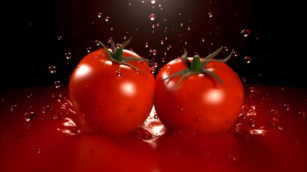 Tomaten in een plas water met een zwarte achtergrond