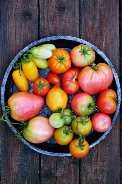 Tomaten in metalen plaat, bovenaanzicht