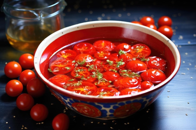 Tomaten laten weken in een kom met water en azijn