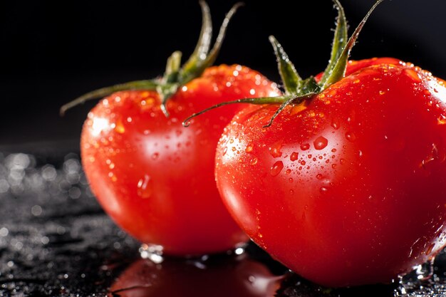 Tomaten met druppels water op zwarte achtergrond Tomaten met druppels water op zwarte achtergrond