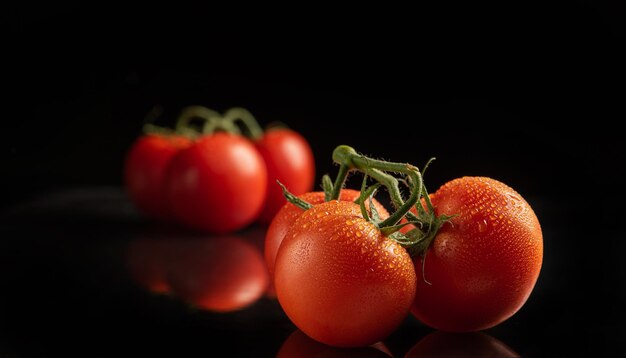 Tomaten, mooie tomaten gerangschikt op een donker reflecterend oppervlak, selectieve focus.