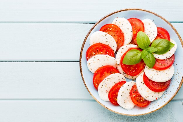 Tomaten, mozzarellakaas, basilicum en kruiden op grijs leisteen bord. italiaanse traditionele caprese salade ingrediënten. mediterraans eten.