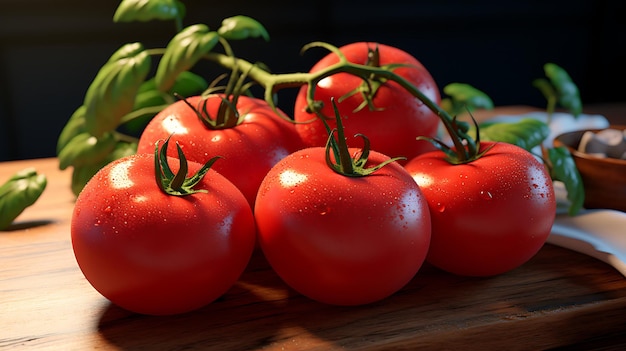 Foto tomaten oogst en lege houten tafel met landelijke achtergrond generatieve ai