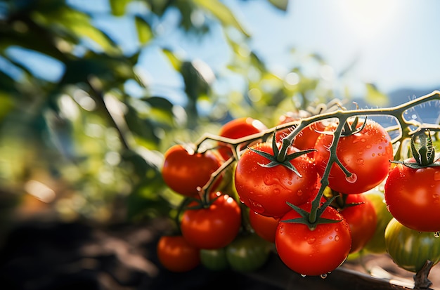 Tomaten op de tak van een tomatenplant Gezond en biologisch voedsel Veganistische dagwereld Generatieve ai