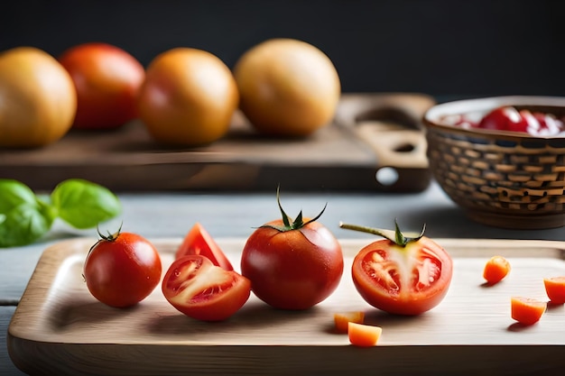 Tomaten op een snijplank met een mandje kruiden en een bakje saus.