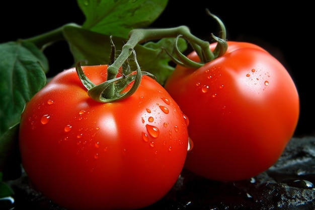 Tomaten op een zwarte achtergrond met waterdruppels