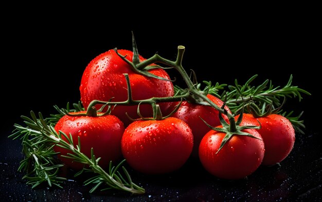 Tomaten op een zwarte achtergrond met waterdruppeltjes