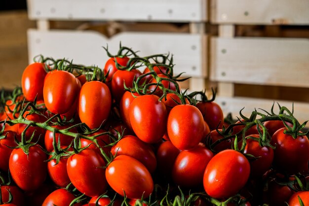 Tomaten op hout achtergrond. Close-up van vers. Groep tomaten. Ruimte voor tekst bovenaanzicht