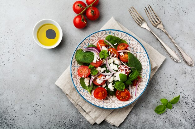 Tomaten, spinazieblaadjes, rode uien en feta-kaassalade op lichte ceramische plaat op grijze backround