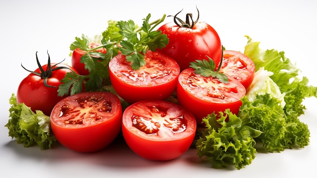 Tomatengroente en salade op witte achtergrond