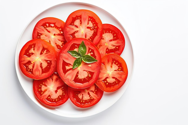 Foto tomatenplakken op een witte plaat met geïsoleerde achtergrond en extra nabijgelegen tomaten ruime ruimte fo