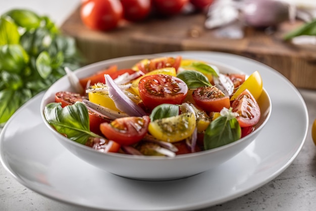 Tomatensalade met rode ui en olijfolie wordt geserveerd in witte kom