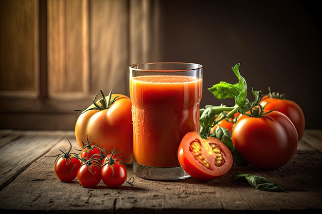 Tomatensap en verse tomaten op een houten tafel Gezond drankje en dieet