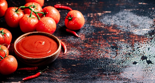 Tomatensaus in een bord met rode peperbakjes